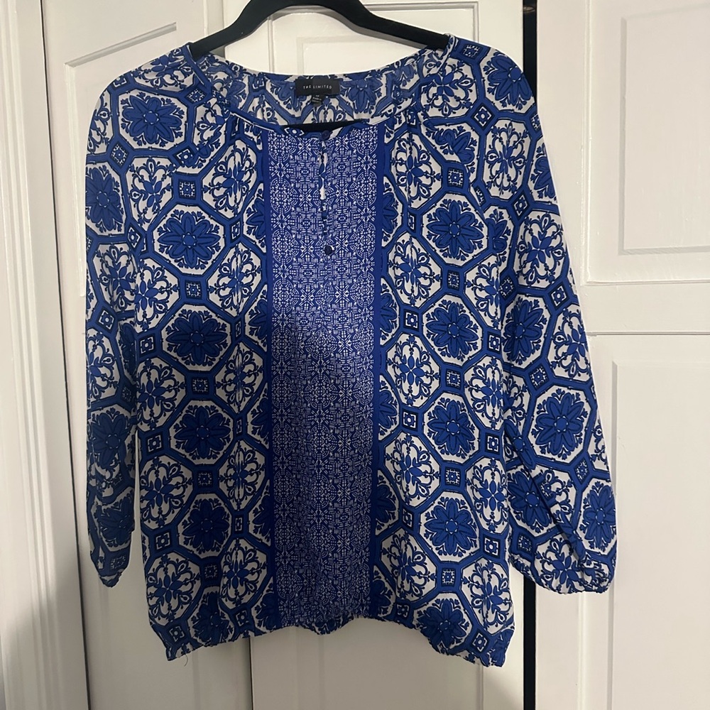 The Limited Blue and White Geometric Blouse